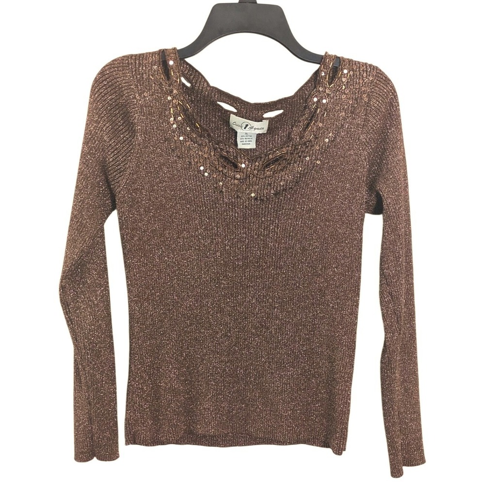 Once 1 Again Long Sleeve Bronze Top with Beaded Neckline XL fits M/L